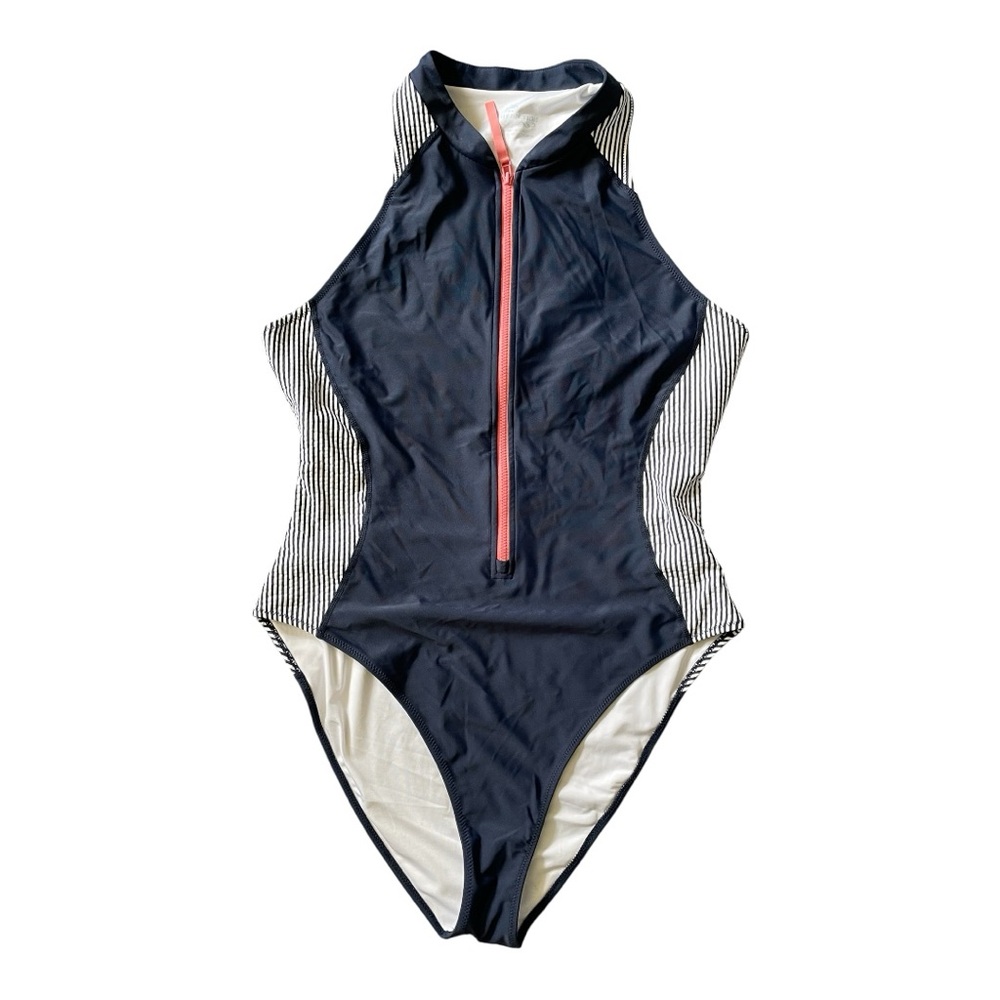 Southern Tide Navy One-Piece Swimsuit with White Stripes and Pink Zip